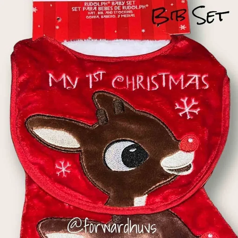 Vintage Rudolph First Christmas Bib and Stocking Set (No Hat)